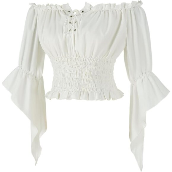 Womens Renaissance Peasant Blouse Off Shoulder Trumpet Sleeve Tops - Picture 2 of 5